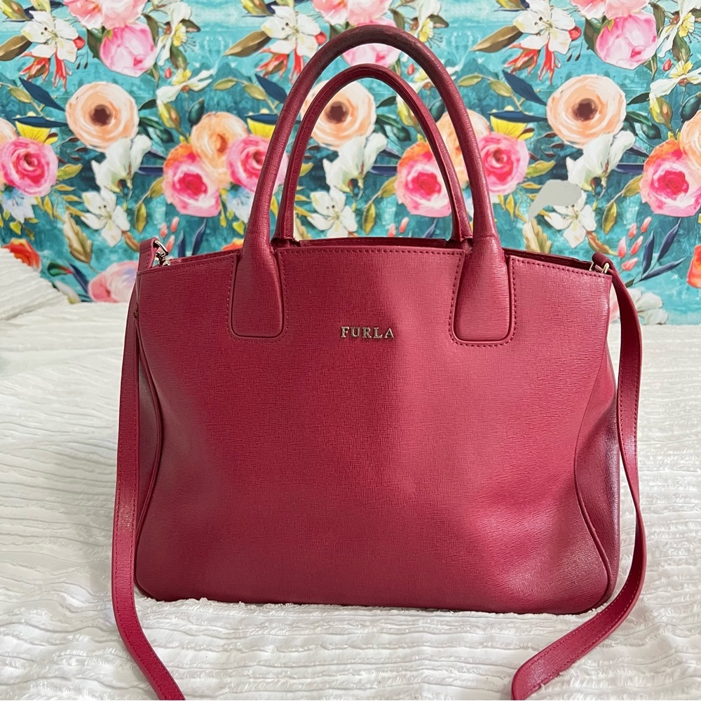 FURLA 2way Logo Tote Crossbody Genuine Textured Leather Designer Bag Dark Pink